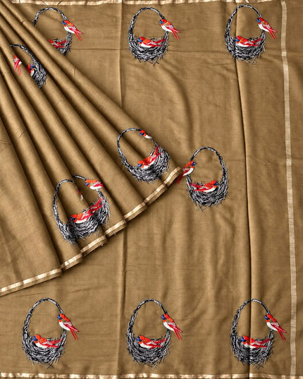 Mul Chanderi saree with thread embroidery Work and Small Border -  Tan