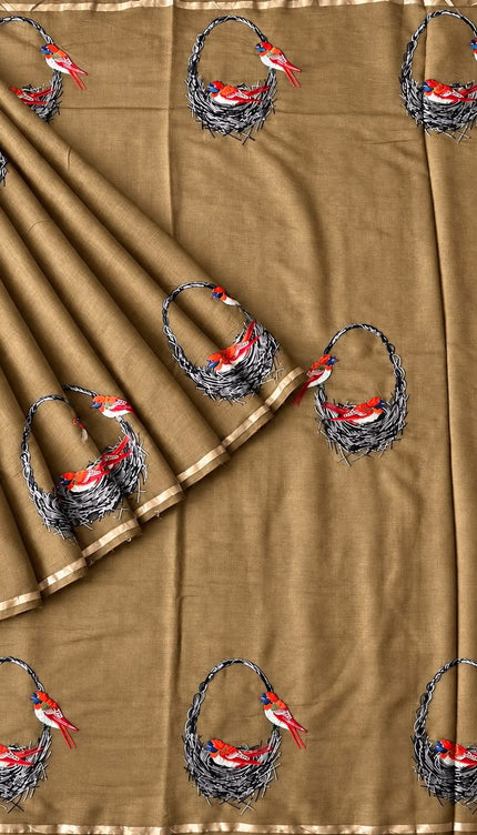 Mul Chanderi saree with thread embroidery Work and Small Border -  Tan