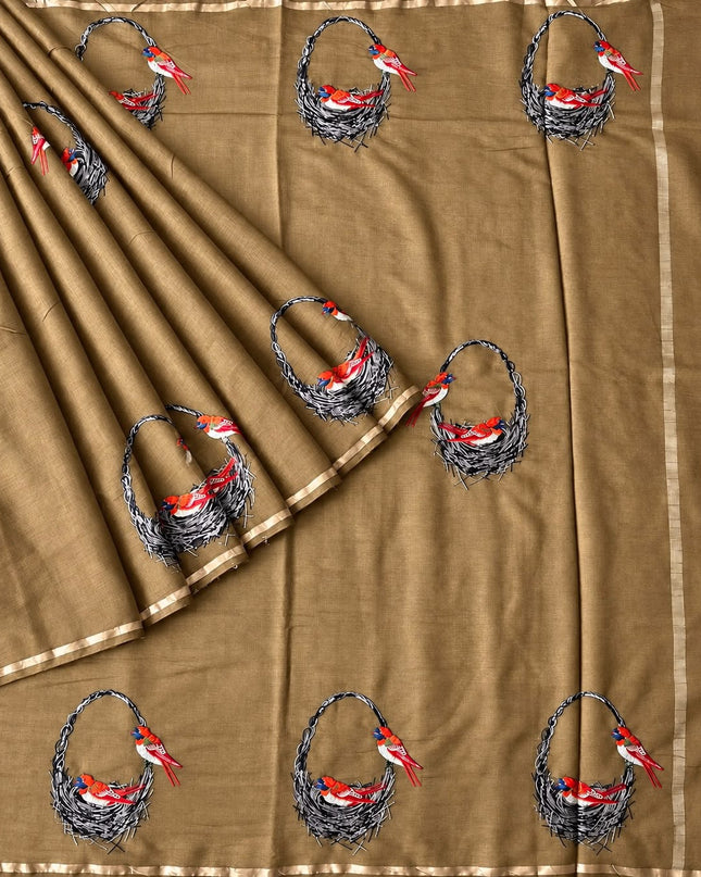 Mul Chanderi saree with thread embroidery Work and Small Border -  Tan