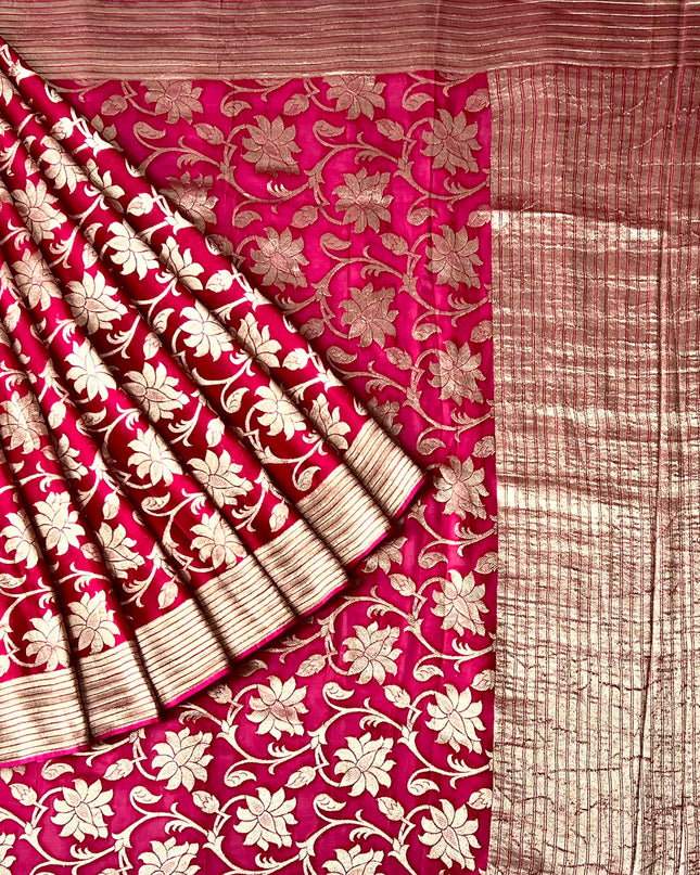 Kaddi Georgette saree with Allover Gold Zari Leaf Jall Design Kaddi Border- Pink