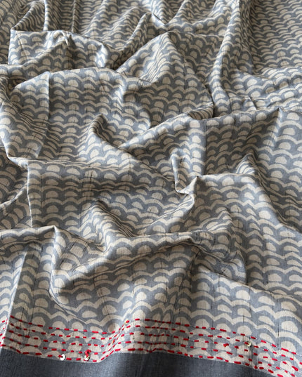 Tusser Saree with Floral and Peacock  Print with Kantha Work and contrast Border - Grey