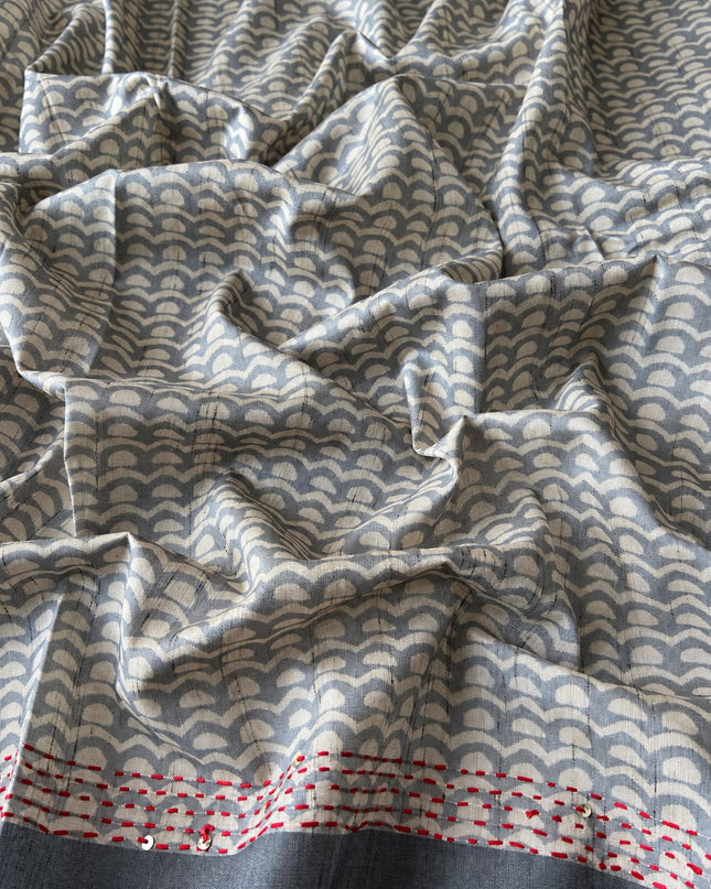 Tusser Saree with Floral and Peacock  Print with Kantha Work and contrast Border - Grey