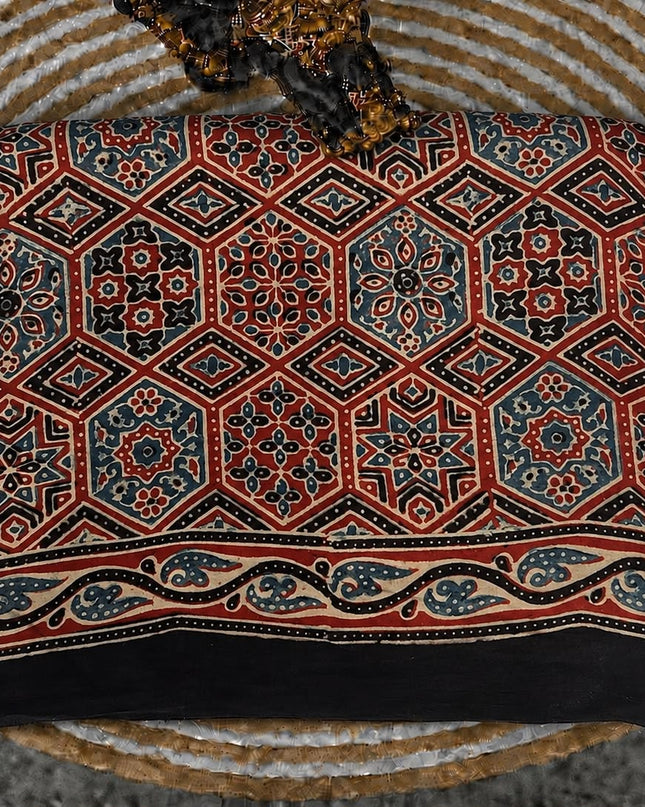 Modal silk saree with ajrakh Design and  Contrast Border -  Black