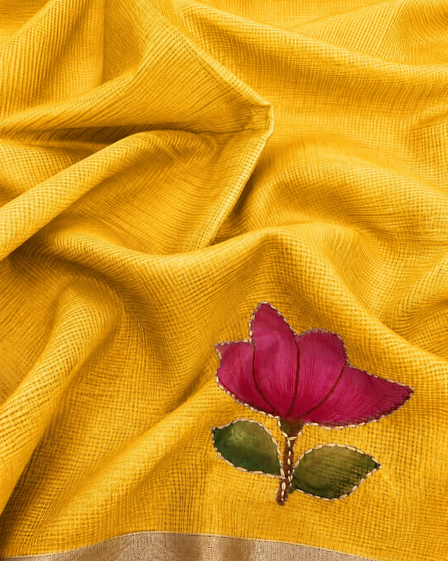 Kota Silk Saree with All over Thread Weaving Flower Butties and Golden Border - yellow