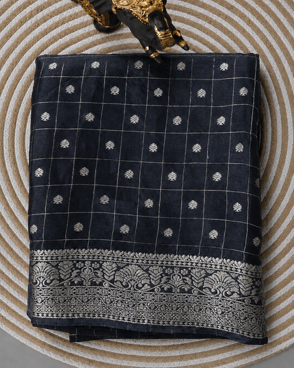 Chinon Silk Saree  with Golden Zari  Weaving Checks Design With Small Butties  Contrast Golden Zari Border -Black