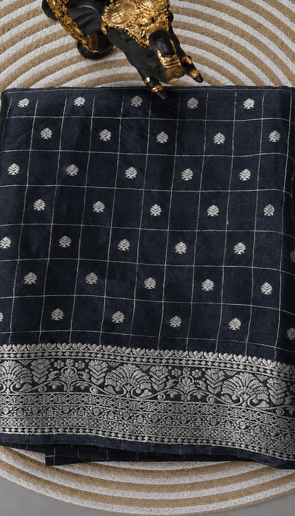 Chinon Silk Saree  with Golden Zari  Weaving Checks Design With Small Butties  Contrast Golden Zari Border -Black