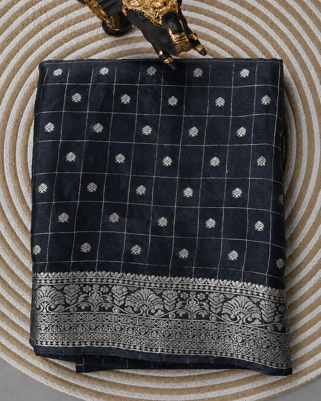 Chinon Silk Saree  with Golden Zari  Weaving Checks Design With Small Butties  Contrast Golden Zari Border -Black