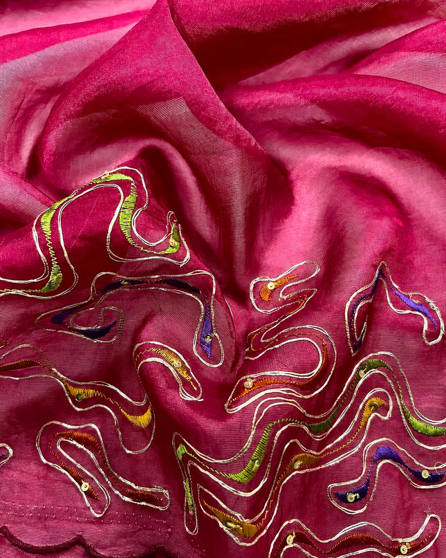 Soft Orznga Saree with Applique work And Peta Work with Scallop Border -  Maroon