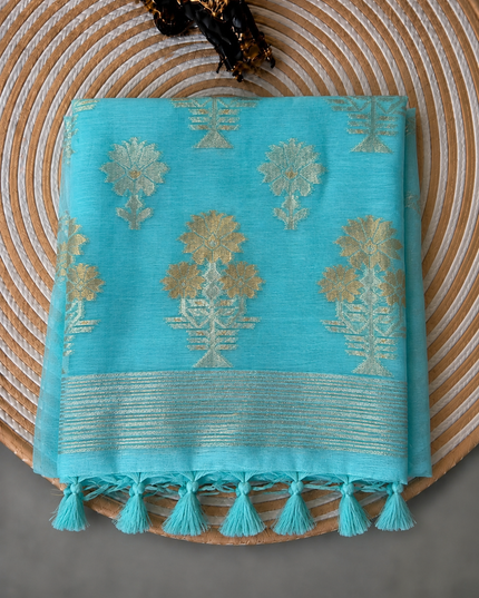 Kora  Silk Saree with Self Weaving Floral Design -  Sky Blue