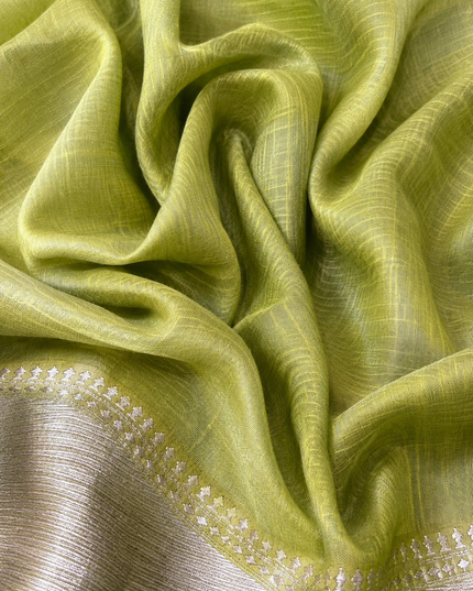 Munga Silk Saree With Floral Print and Kaddi Border -  Mehandi Green