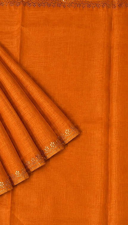Tissue Linen Saree with Mirror Work Border- Orange