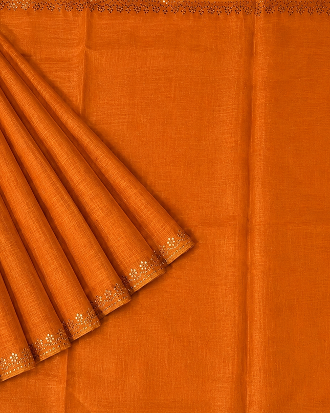 Tissue Linen Saree with Mirror Work Border- Orange
