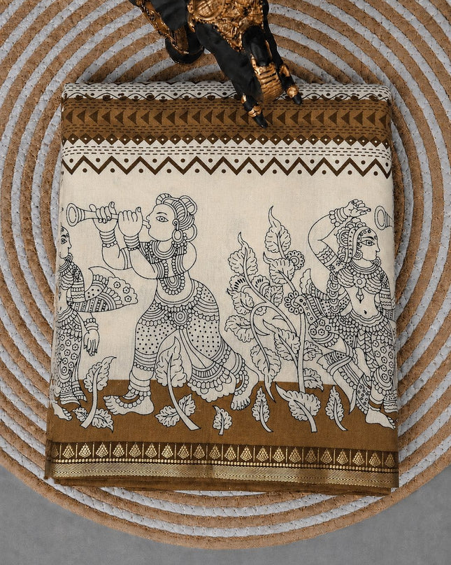 Muslin Silk Saree With  Geometrically Print and  Kalamkari Print and Golden Border - Brown