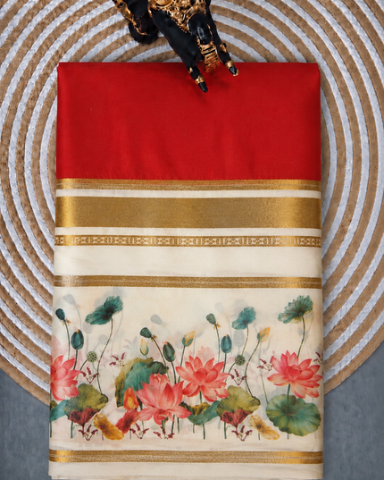 Crepe Saree With Gap Border and  Floral Print -  Orange