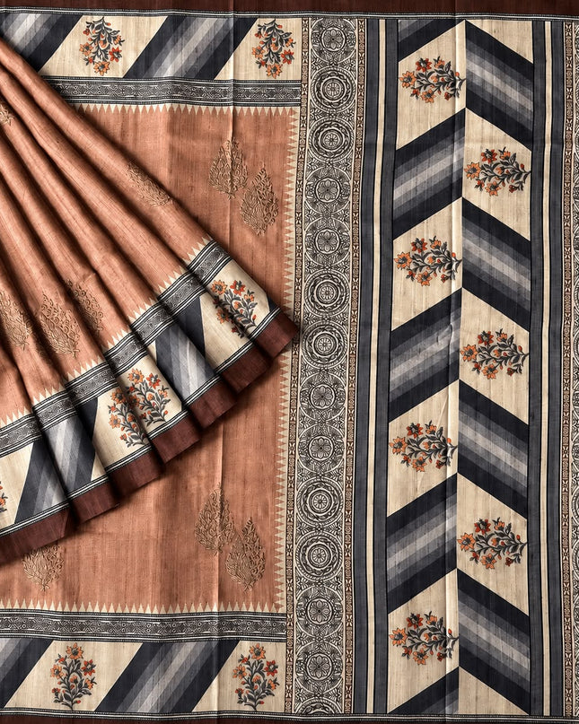 Tusser Saree With All Over Thread Embroidery  Work Flower Print Border - Brown