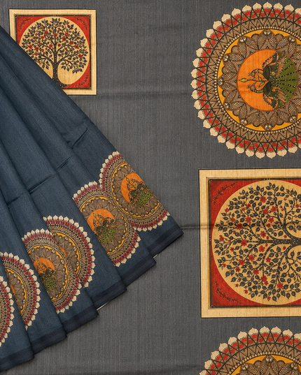Tusser Silk Saree with Mahbubani Print  contrast Border  -  Grey