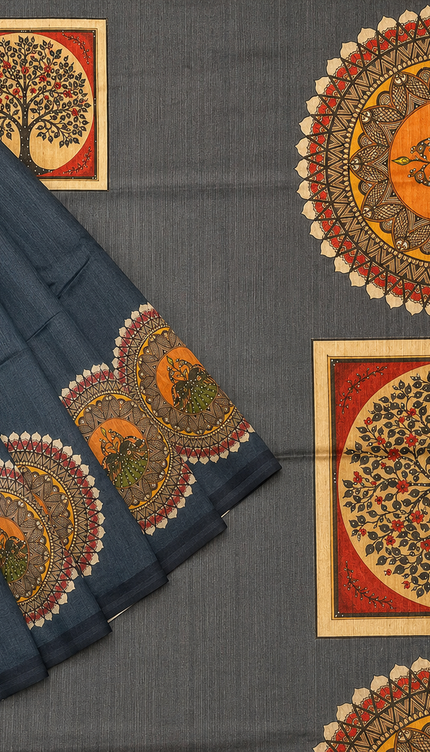 Tusser Silk Saree with Mahbubani Print  contrast Border  -  Grey