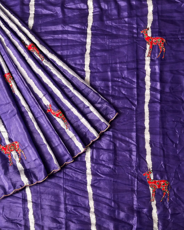 Soft  Orznga  Saree With Applique work and scallop Border-  Violet