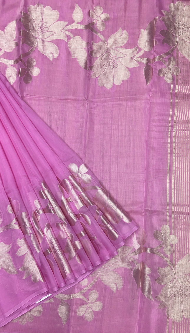Kora Organza Saree with Jamdani Weaving and Self Border  - Onion Pink