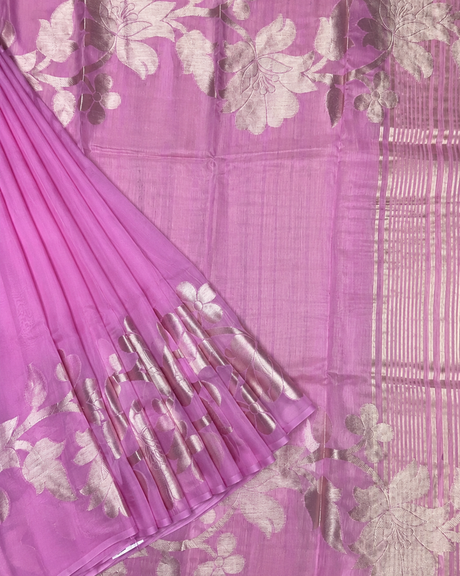 Kora Organza Saree with Jamdani Weaving and Self Border  - Onion Pink