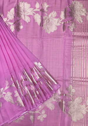 Kora Organza Saree with Jamdani Weaving and Self Border  - Onion Pink