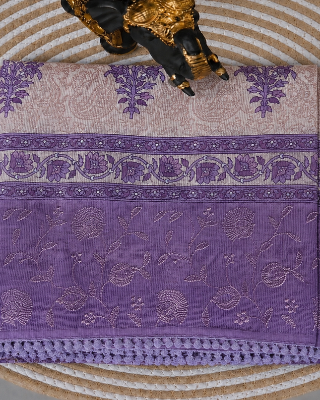 Silk Kota Saree with Floral Print and Thread Embroidery work Border with Lace - Tan & Purple