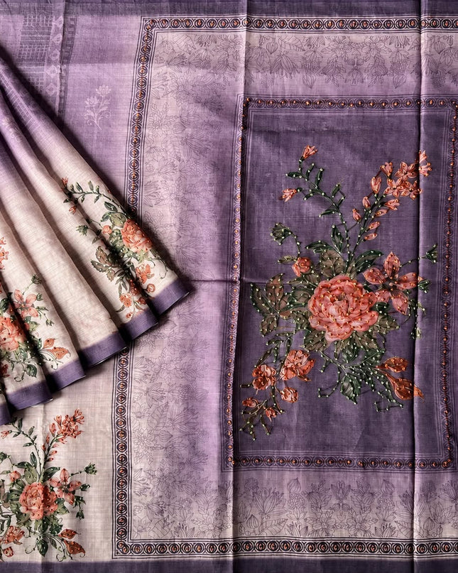 Kota Silk Saree with French Knot Work and Contrast Border  -Light Lavender