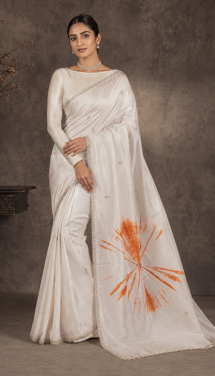 Italian Crepe Saree With Kardhana Work and Scallop Border - Off white