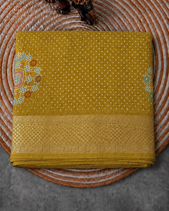 Tusser Silk Saree With Bhandni Print and Golden Border -  Musatard