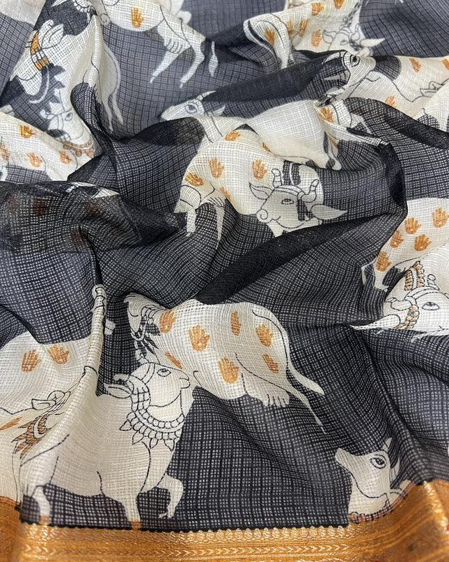 Pure Silk Kota Saree With pichwai Print and Small Kanchi Border -  Mustard