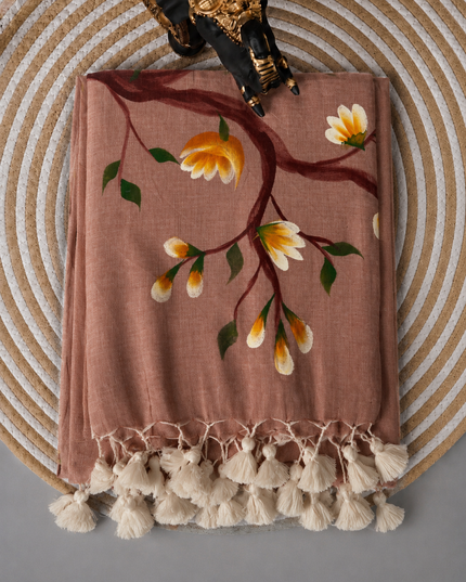 Mul cotton saree with Hand Painting  -  Light Brown