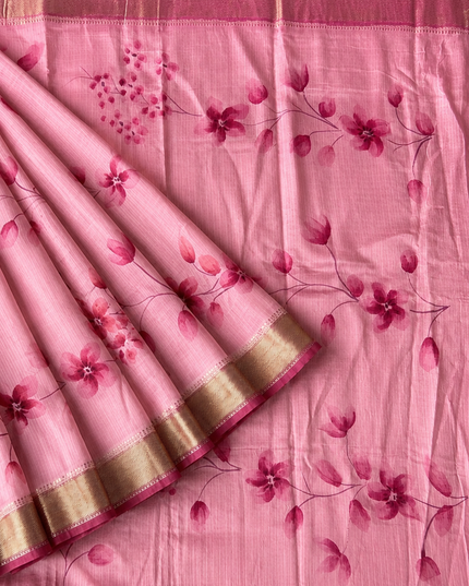 Munga Silk Saree With Floral Print and Kaddi Border - Pink