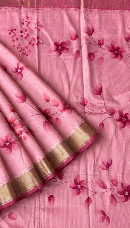 Munga Silk Saree With Floral Print and Kaddi Border - Pink