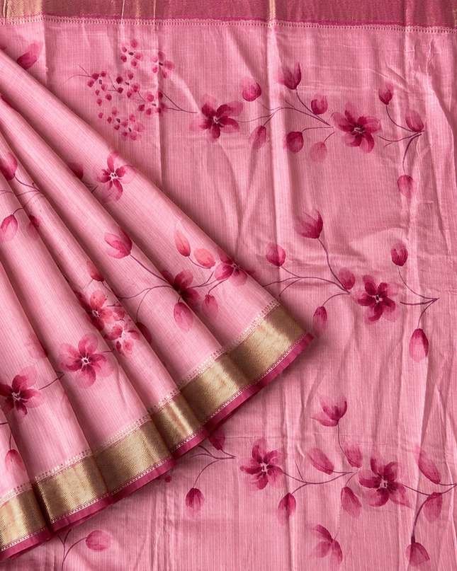 Munga Silk Saree With Floral Print and Kaddi Border - Pink