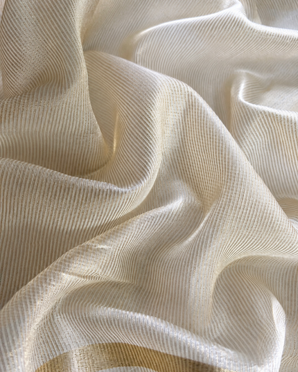 Mul Chanderi saree with Thread Embroidery Butties And Golden Zari Border  - Off White