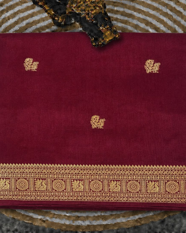Dola silk sarees with  Gold Butties and zari Border-  Wine
