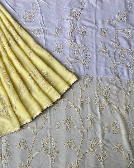 Georgette Saree With All over Thread Work And Lace Border - Cream & Mustard