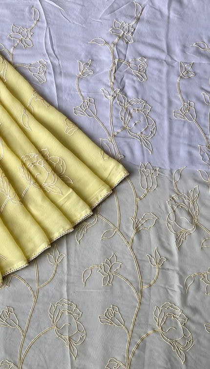 Georgette Saree With All over Thread Work And Lace Border - Cream & Mustard