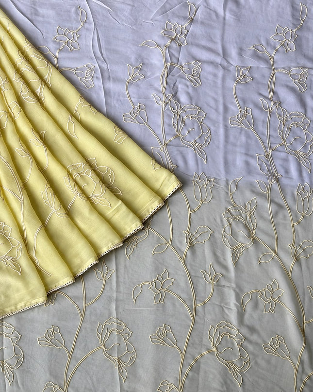 Georgette Saree With All over Thread Work And Lace Border - Cream & Mustard