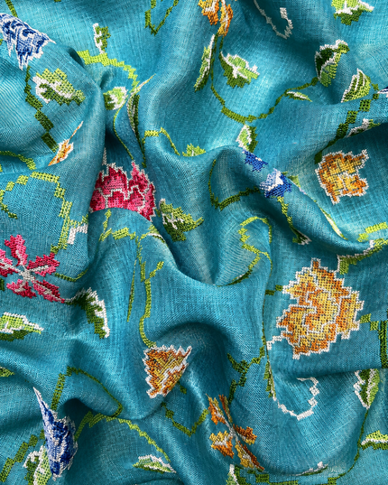 Tissue Linen Saree with Mirror Work Border- Rama Green