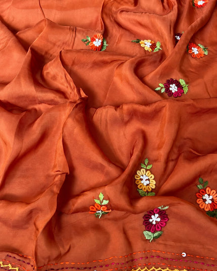 Russian Silk Saree with  Kantha Work - Rust