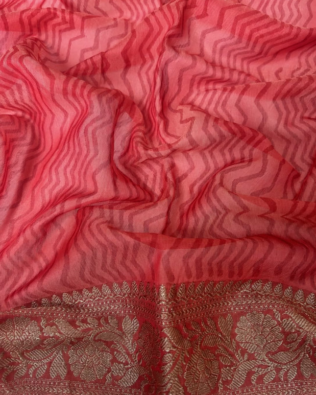 Maheshwari Silk With Shikargah  Print and Antic Zari Border  -  Brown