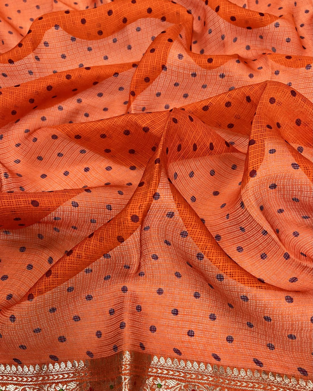 Pure Silk Kota Saree With Bhandni Print and Small Kanchi Border - Orange