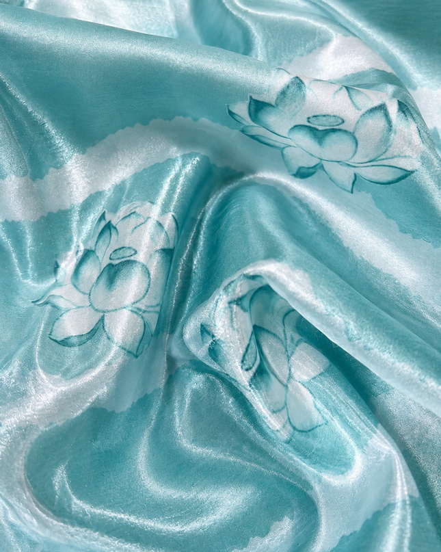 Soft Crush Floral Print With Ari Work and Scallop Border - Sky Blue
