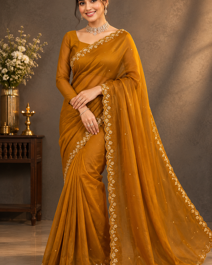 Russian Crepe Saree With Mirror Work and Scallop Border- Mustard