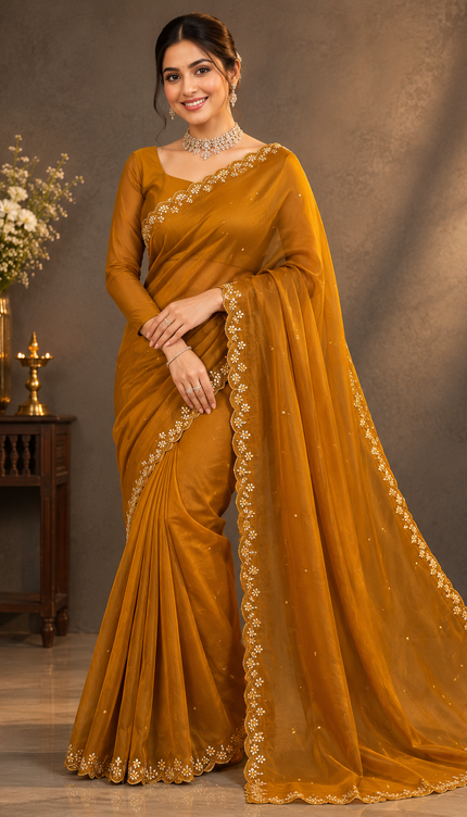Russian Crepe Saree With Mirror Work and Scallop Border- Mustard