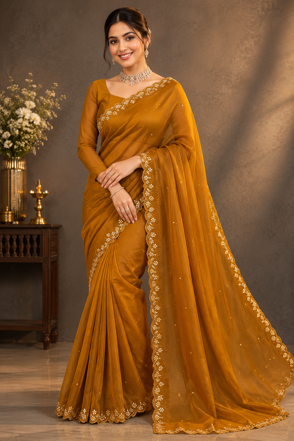 Russian Crepe Saree With Mirror Work and Scallop Border- Mustard