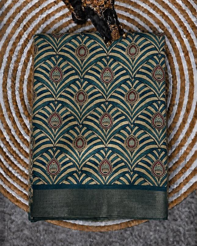 Tusser Silk Saree With Arch Print and Golden Border  - Blue