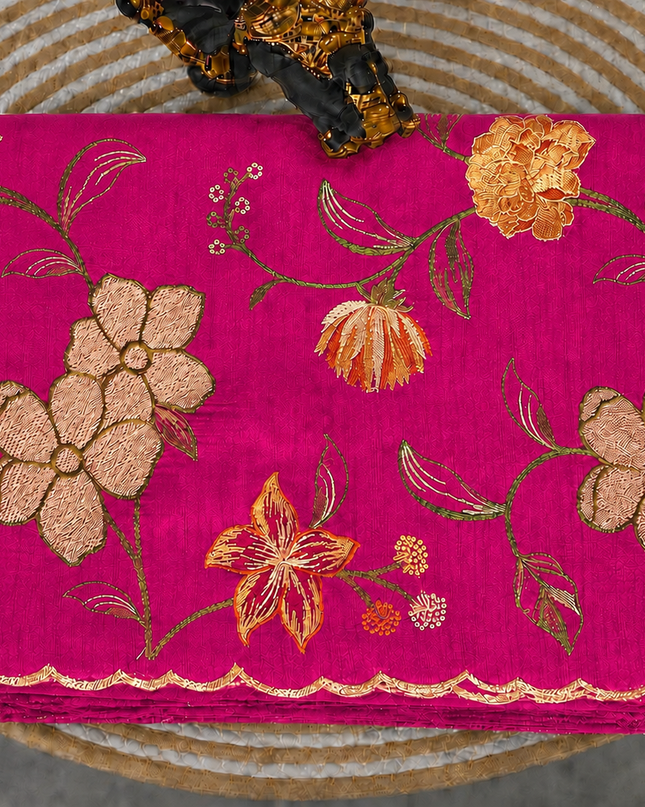 Jute Tusser Saree With All Over Thread Embroidery  Work Scallop Border - Rani Pink