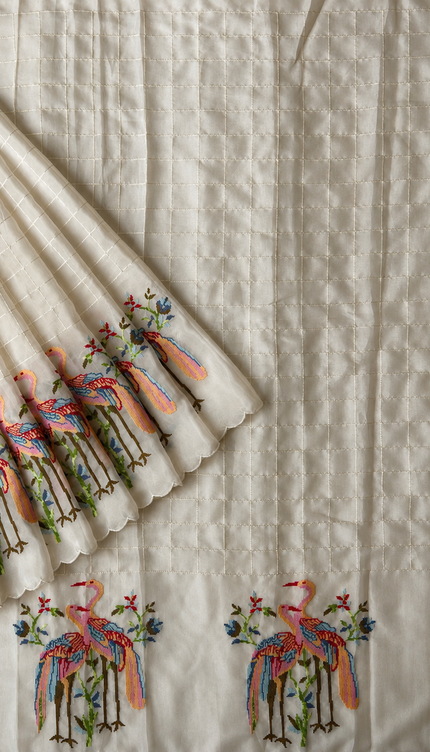 Italian Crepe Saree with Thread weaving Checks and cross stich work with Scallop Border -  Cream